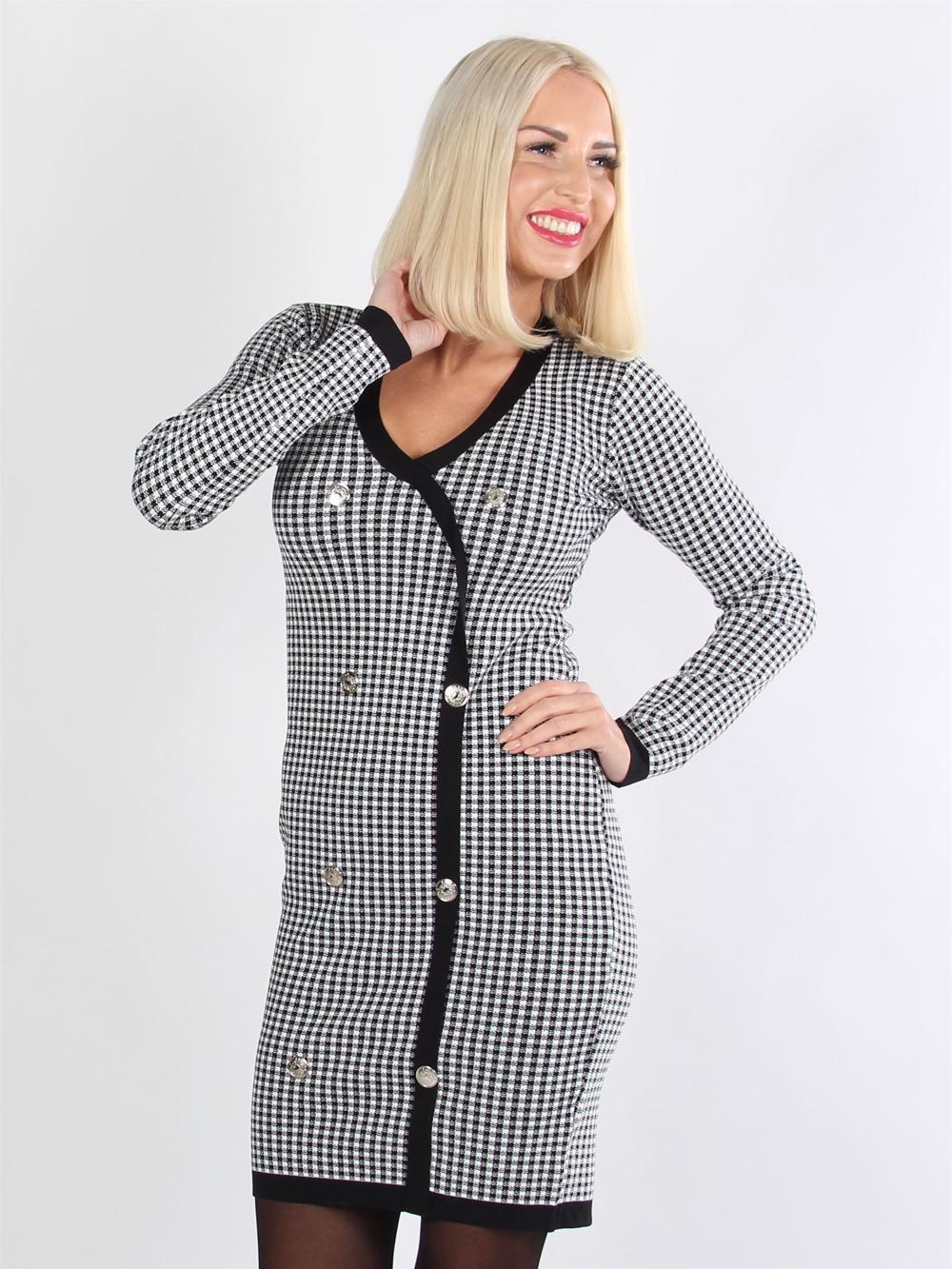 Maily - Svart och vit rutig klänning med guldknappar